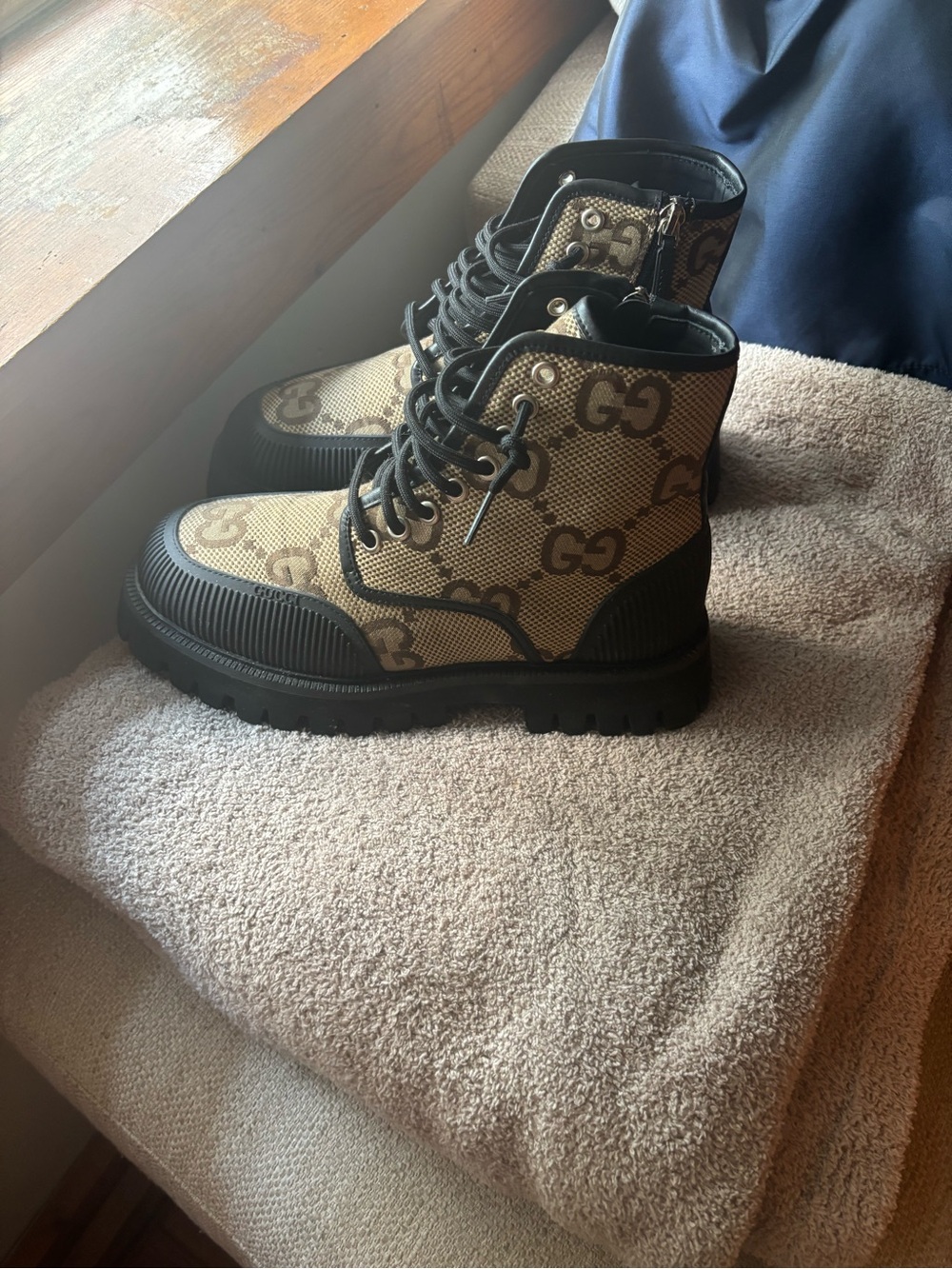 Gucci Brown GG Canvas and Black Rubber Lug Sole Boots - Picture 3 of 6